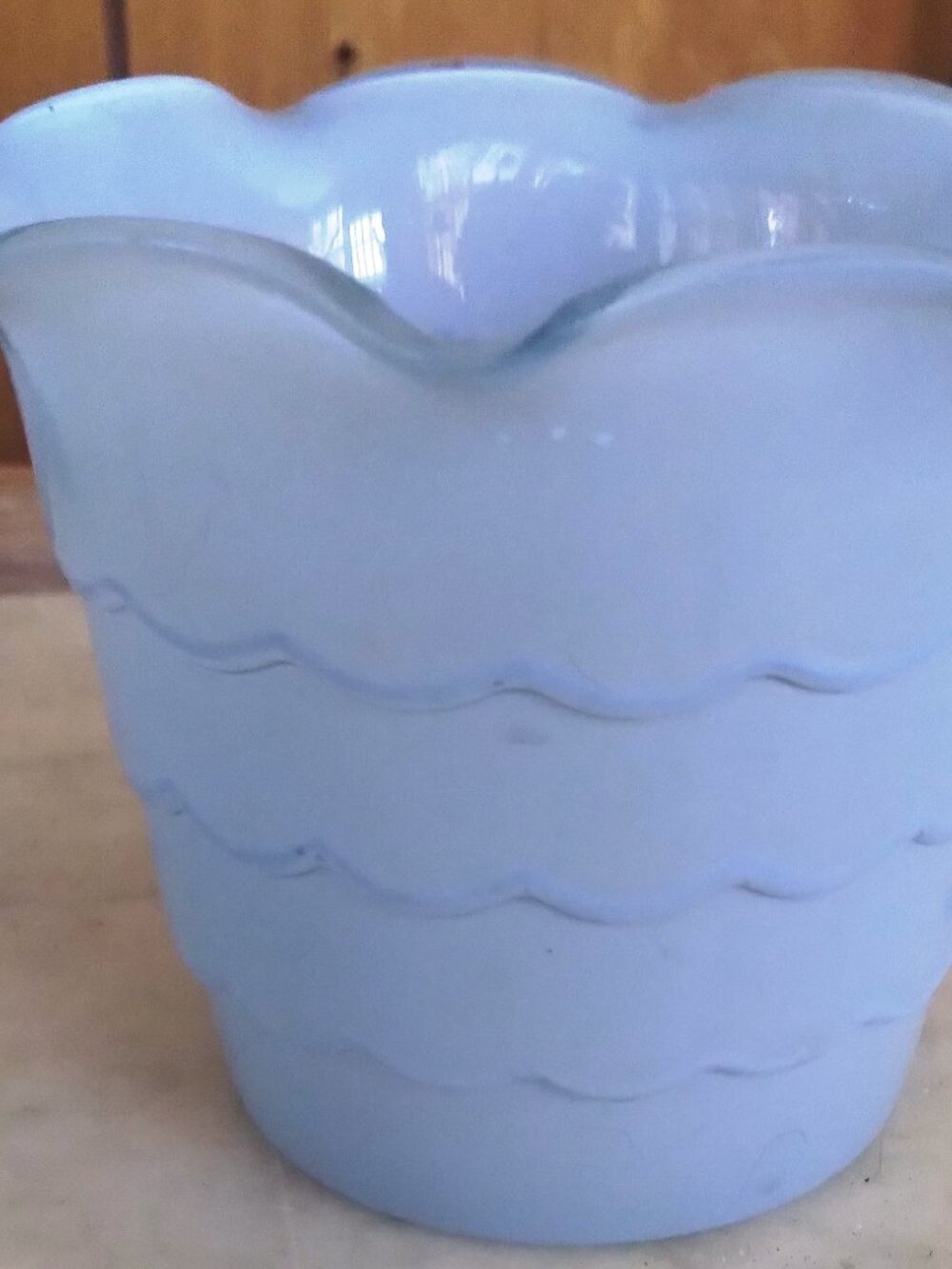 Vintage Fire King Glass Flower Pot Baby Blue Ruffled Scalloped Rim 1960's 3.25”